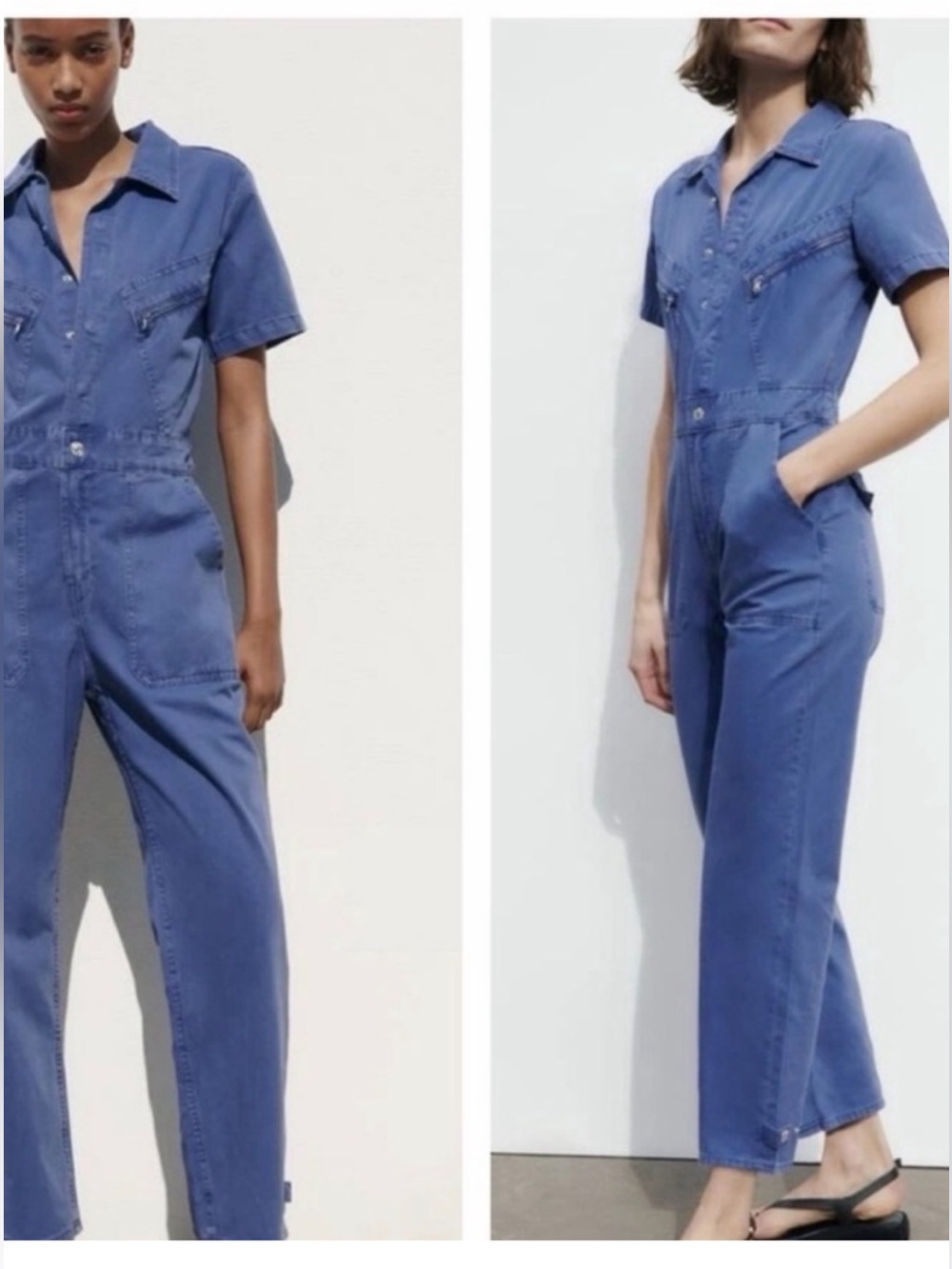 ZARA Dusty Blue Short-Sleeve Utility Jumpsuit | Size XXL